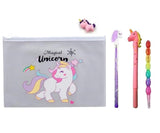 Eclet Unicorn Pencil Combo with Fur Pouch 5 Items School Stationery Set for Kids, Cute Writing & Drawing Gift Pack with Pencil