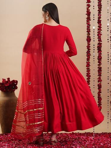 Anni Designer Women'S Rayon Blend Anarkali Solid Kurta With Pant & Dupatta (Jaynti Red-Vks01_Xxl_Red_Xx-Large),Red,2XL,Rayon Blend,Regular,