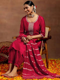 Libas Gerua Womens Yoke Design Silk Blend Straight Kurta With Trousers And Dupatta Red 2Xl Gs969