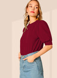 Wedani Women'S Casual Puff Sleeves Round Collor Solid Top (Medium Maroon),Maroon,M,Polyester,Regular,