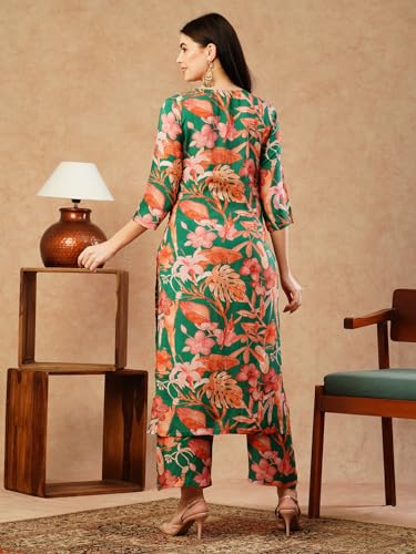 Anni Designer Women'S Cotton Blend Straight Printed Kurta With Palazzo (Chinki Green-Nw_M_Green_Medium),Green,M,Cotton Blend,Chinki Green-NW_1511,Kurta, Pants