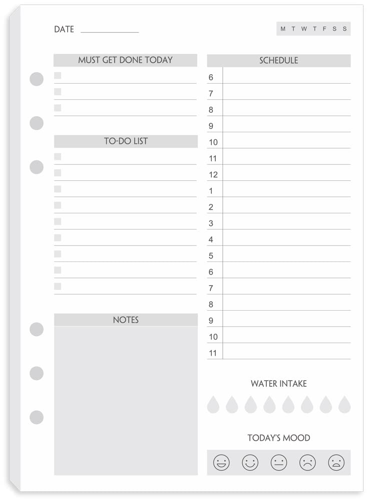 (Set of 90 Sheets) A5 To Do List Refill Paper, Undated Daily Schedule, Day Priorities, Notes and Water Tracker, 6-Hole Punches, 
