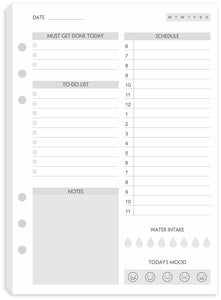 (Set of 90 Sheets) A5 To Do List Refill Paper, Undated Daily Schedule, Day Priorities, Notes and Water Tracker, 6-Hole Punches, 