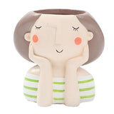 Yo Green Cute Happy Girl Face Planter With Flower Crown Resin Succulent & Indoor Plant Pot, Decorative Cartoon Doll Planter Fo