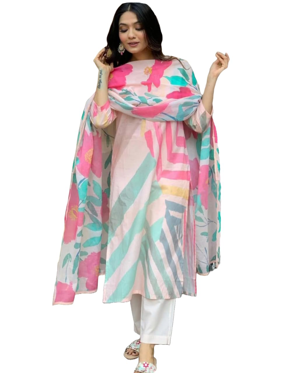 Anni Designer Women'S Cotton Blend Printed Straight Kurta With Pant & Dupatta (Chapar Cream_S_Cream_Small),Cream,S