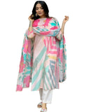 Anni Designer Women'S Cotton Blend Printed Straight Kurta With Pant & Dupatta (Chapar Cream_S_Cream_Small),Cream,S