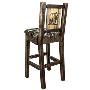 Montana Woodworks Homestead Collection Counter Height Barstool With Upholstered Seat, Woodland Pattern, Laser Engraved Bear Desi
