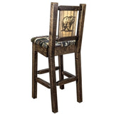 Montana Woodworks Homestead Collection Counter Height Barstool With Upholstered Seat, Woodland Pattern, Laser Engraved Bear Desi