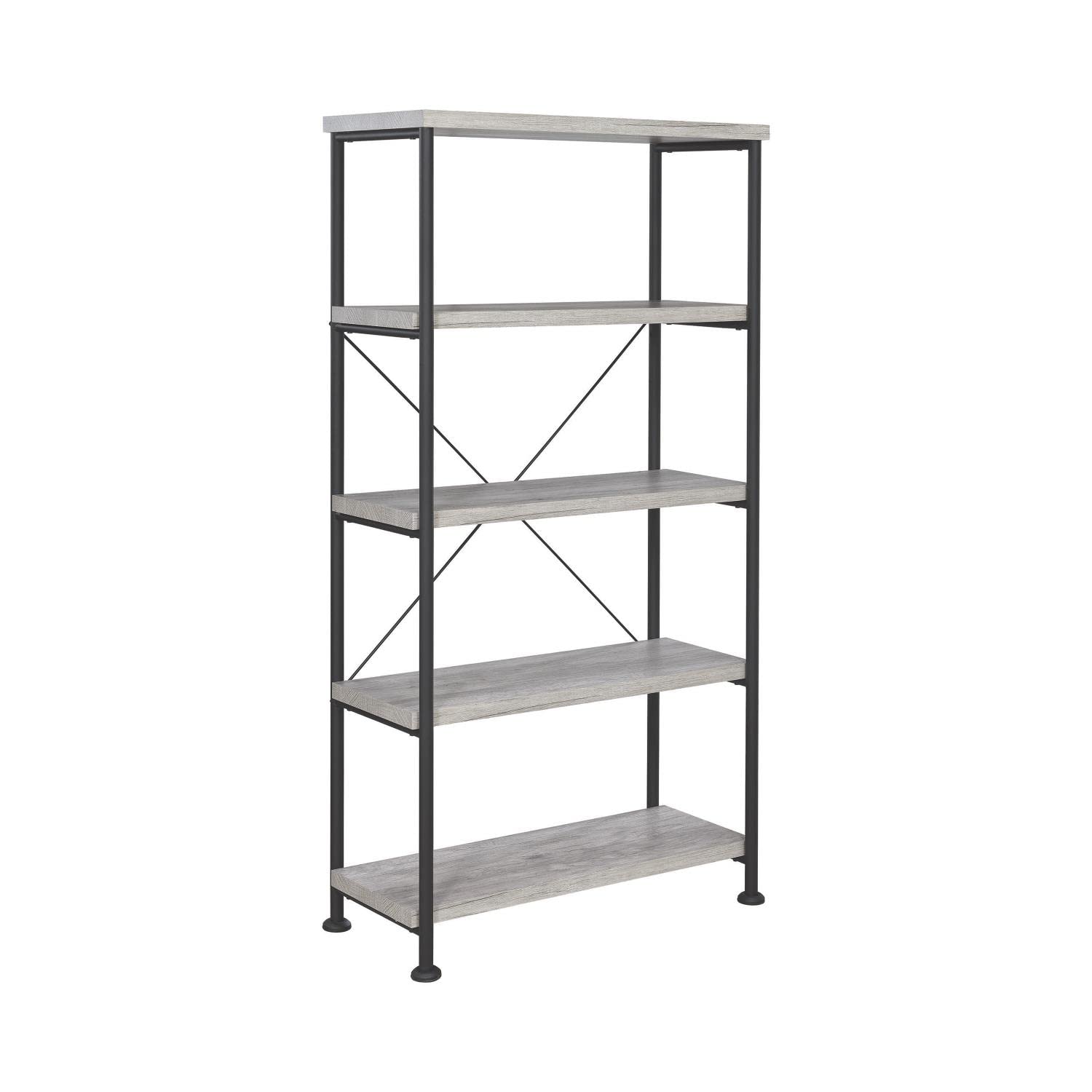Coaster Home Furnishings Analiese Rustic Industrial 4-Tier Bookcase Etagere Bookshelf Office Storage Book Shelf Engineered Eco-Friendly Wood Look Laminate Sturdy Black Steel Base Grey Driftwood 801546