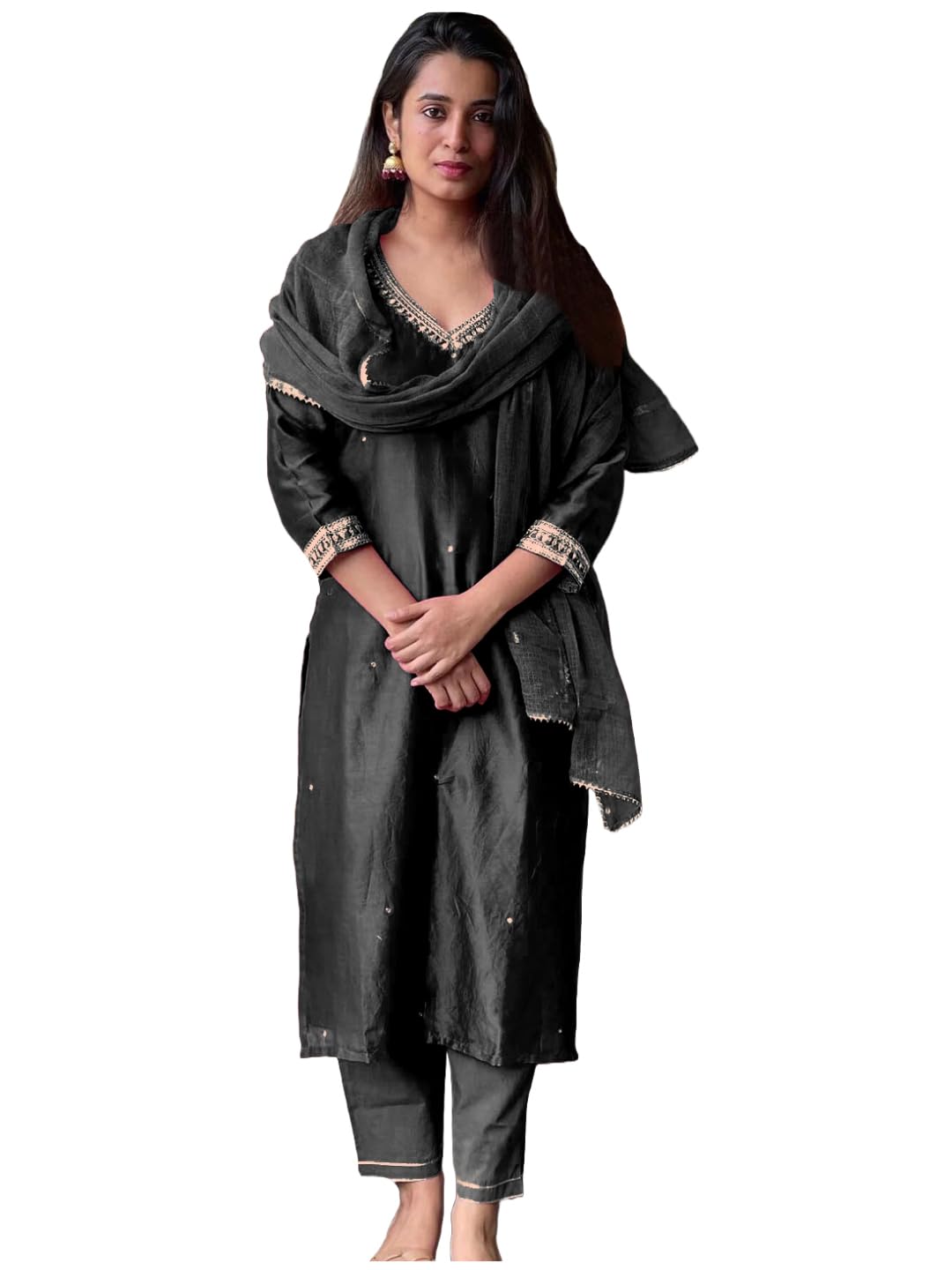 Anni Designer Women'S Rayon Blend Kurta With Pant & Dupatta (Bagicha-Rani_Black_X-Large),Black,XL