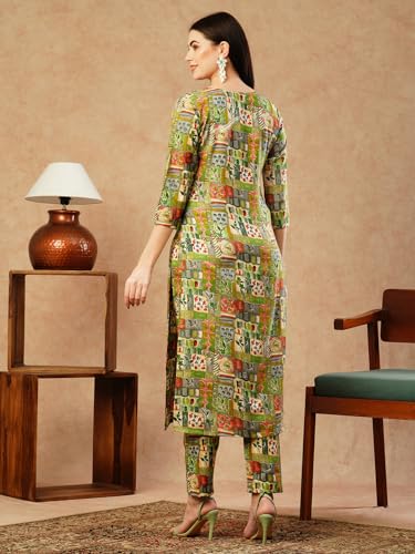Anni Designer Women'S Cotton Blend Straight Printed Kurta With Pant (Ing 10 Green_L_Green_Large),Green,L,Cotton Blend,ING 10_1510,