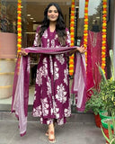 Anni Designer Women'S Rayon Blend Anarkali Printed Kurta With Pant & Dupatta (Jasiwal Wine_L_Wine_Large),Wine,L,Rayon Blend,A-Line,