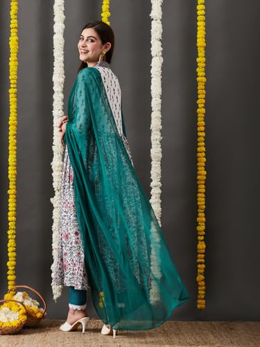 Anni Designer Women'S Cotton Blend Anarkali Printed Kurta With Pant & Dupatta (Toki White_L_White_Large),White,L,Cotton Blend,TOKI WHITE_013,