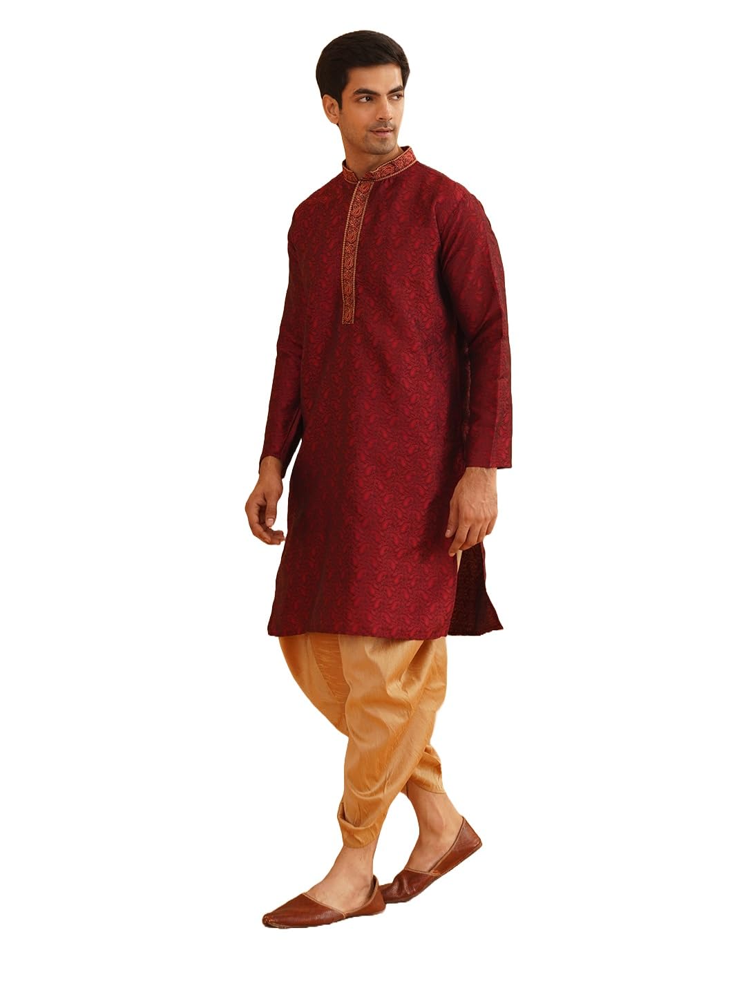 Sojanya (Since 1958, Men'S Maroon & Gold Silk Dhoti Kurta Set, Size: Xxl