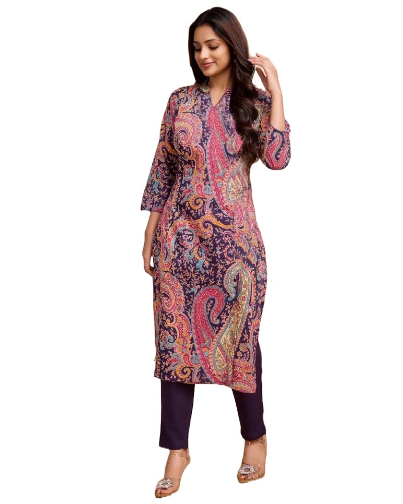 Gosriki Women'S Rayon Blend Straight Printed Kurta With Pant (Mandi Wine-Gs_L_Wine_Large),Wine,,B0DFPM1SK1