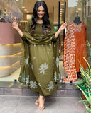 Gosriki Women'S Rayon Viscose Anarkali Printed Kurta With Pant & Dupatta (Gangori Mehandi-Vks01-Gs_M_Mehandi_Medium),Mehandi,,B0DX26KKXK