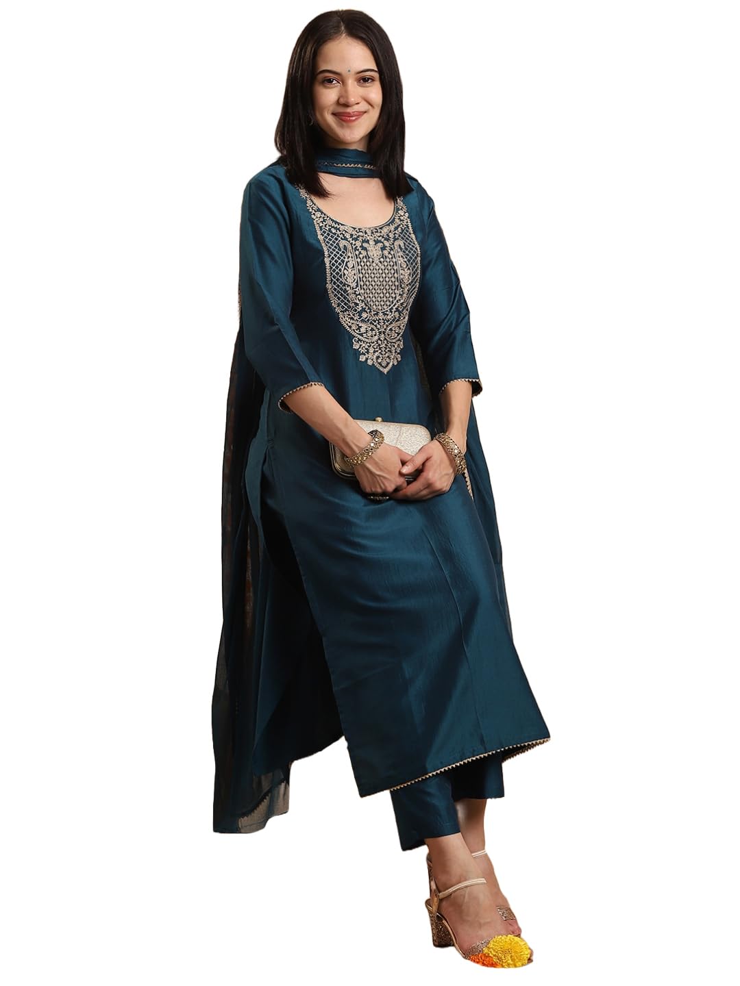 Anni Designer Women'S Rayon Blend Straight Embroidered Kurta With Pant & Dupatta (Sikand Cerosin_Xl_Dark Blue_X-Large),Dark Blue,XL,,,
