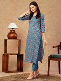 Gosriki Women'S Cotton Blend Straight Printed Kurta With Pant (Aagmi Blue-Gs_M_Blue_Medium),Blue,,B0CTCK4KWG