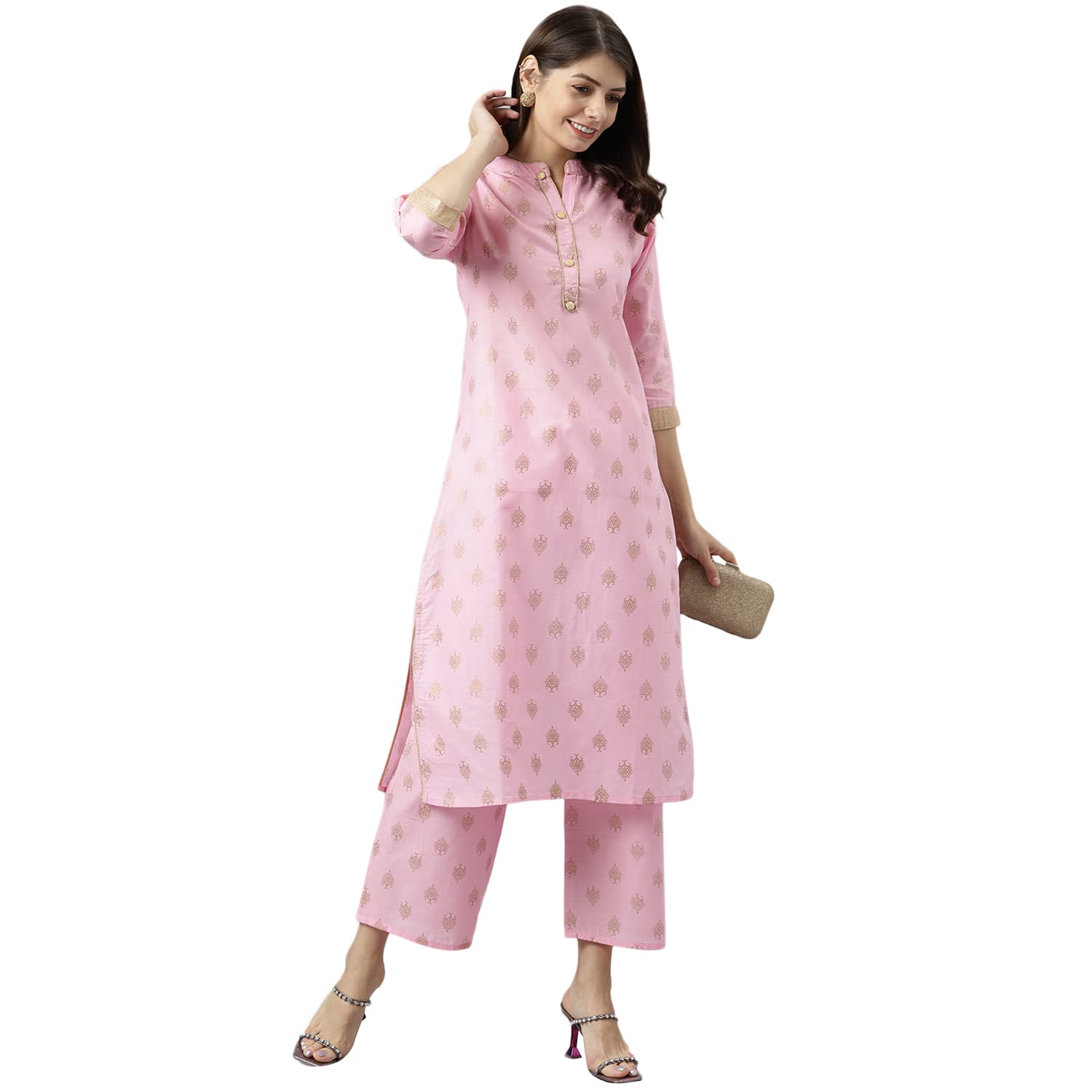 Anni Designer Women'S Polycotton Straight Printed Kurta With Palazzo (Kinju Pink_S_Pink_Small),Pink,S