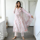 Anni Designer Women'S Cotton Blend Straight Printed Kurta With Pant & Dupatta (Mogri White_Xxl_White_Xx-Large),White,2XL,Cotton Blend,Regular,Dupatta