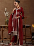 Libas Womens Embroidered Silk Blend Straight Kurta With Trousers And Dupatta Maroon L