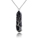 VIBILIA Healing Crystal Necklace Tree of Life Wire Wrapped Natural Black Agate Stone Point Pendant Necklace Hexagonal Reiki Spir