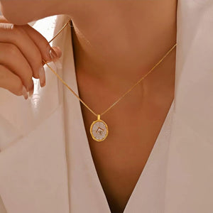 Gold Oval Pendant Necklace Natural Fritillary & Zircon Inlay 18K Gold Plated Copper Frame Titanium Steel Chain Adjustable (4