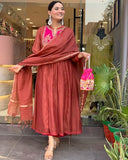 Anni Designer Women'S Rayon Viscose Embroidered Anarkali Kurta With Pant & Dupatta (Brics Rust_Xl_Rust_X-Large),Rust,XL,Rayon Blend,Anarkali,