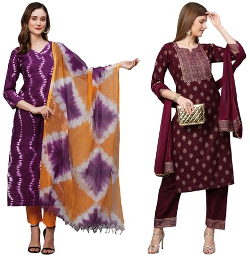 Anni Designer Women'S Cotton Blend Printed Straight Kurta With Pant & Dupatta Pack Of 2 (Combo-Mukhi Pink-Coco-Wine_Xxl_Multi_Xx-Large),Multicolour,2XL