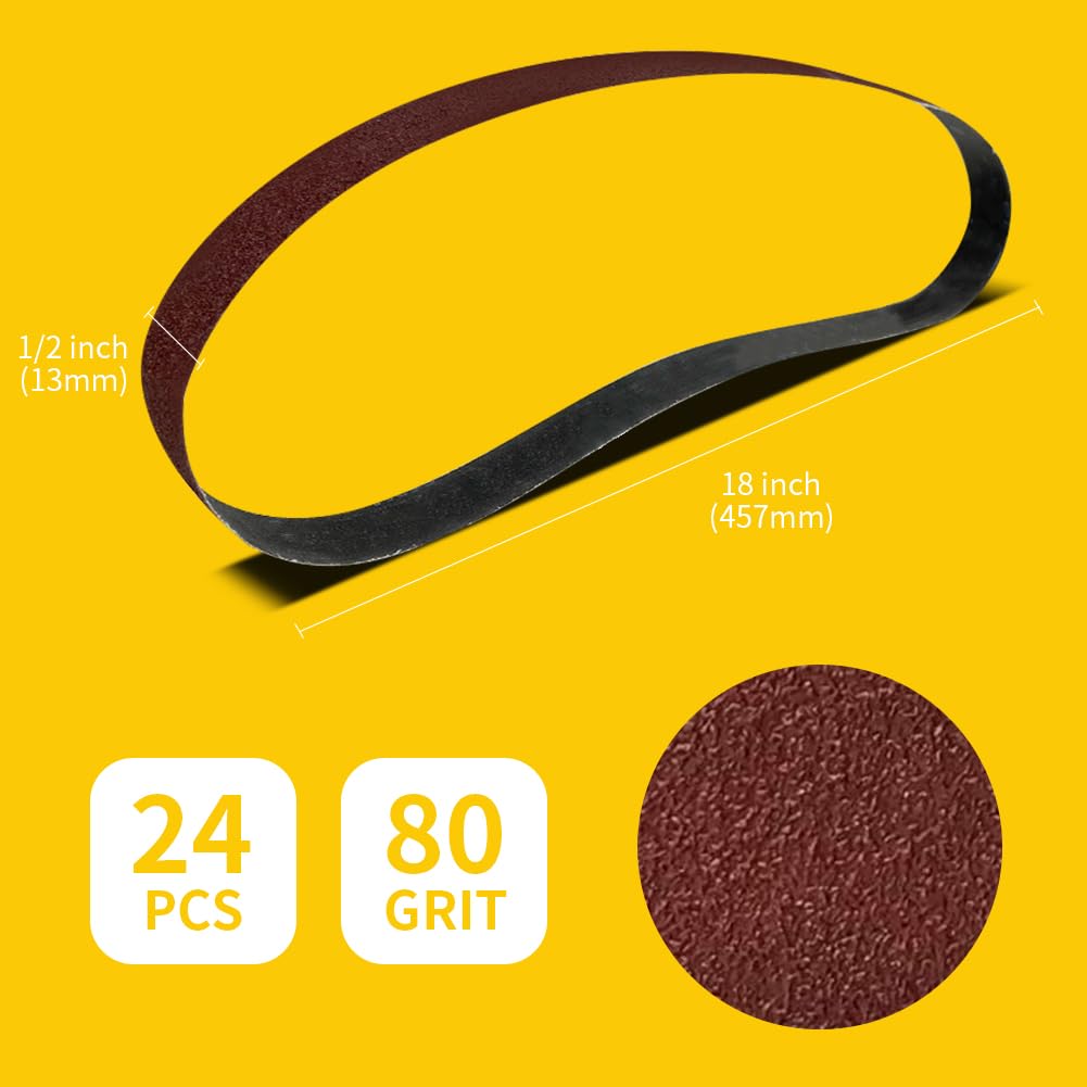 1/2 x 18 Inch 80 Grit Sanding Belt | Premium Aluminum Oxide Sanding Belt | Premium Sander Sandpaper - 24 Pack