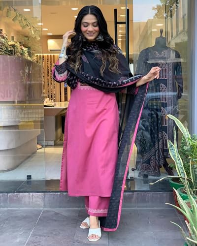 Anni Designer Women'S Cotton Blend Straight Printed Kurta With Pant & Dupatta (Radhani Pink_Xl_Pink_X-Large),Pink,XL,Cotton Blend,Regular,
