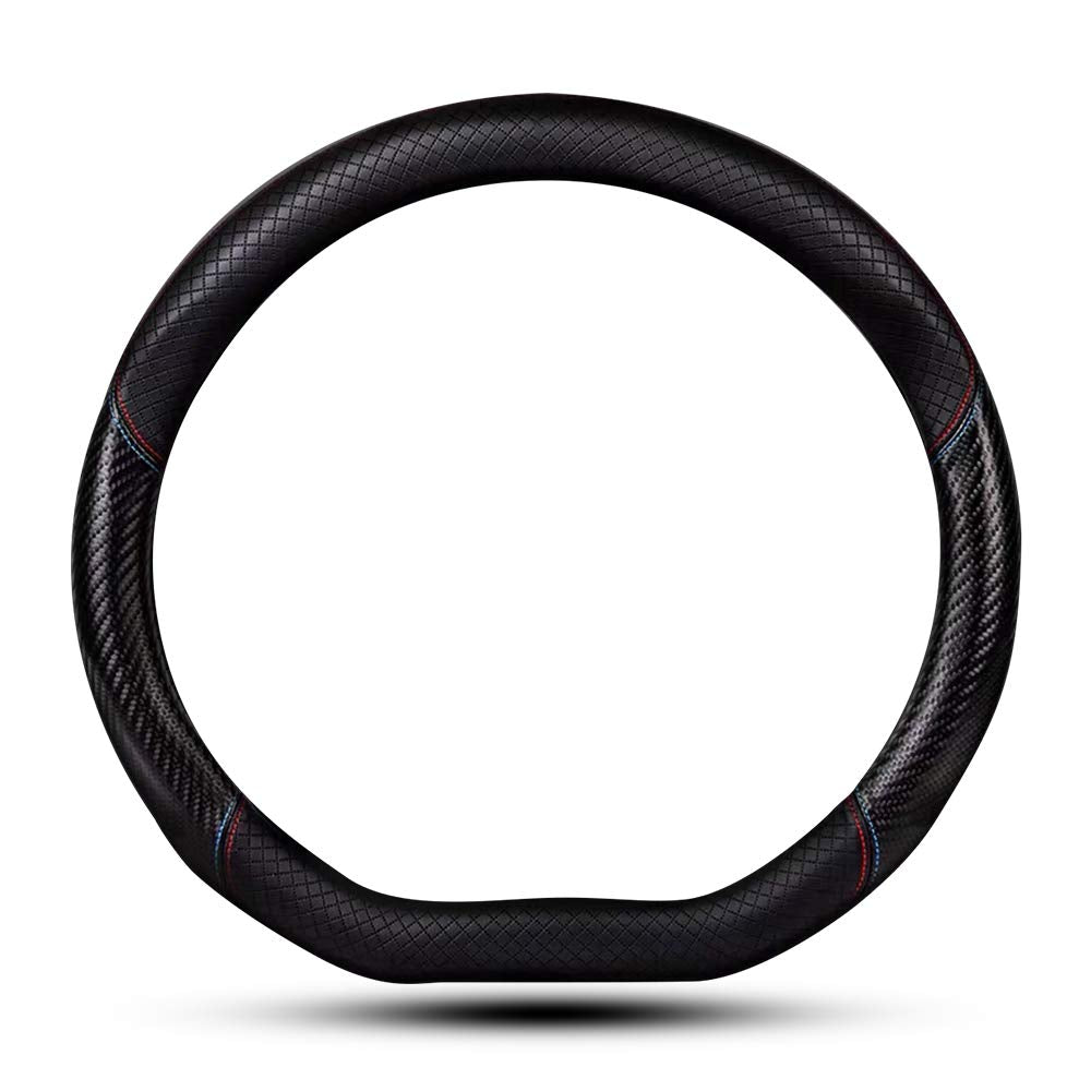 Car Carbon Fiber And Leather D-Shape Steering Wheel Cover, Stylish Car Non-Slip Leather Car Interior 15 Inches Universal Red And