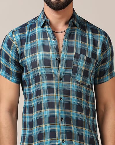 Toplot Men'S Regular Fit Casual Shirt Checks Design With Spread Collar & Half Sleeves (Chex-Shirt-5177-Sky-L),Sky,,B0CYGMMWKZ