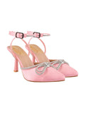 Women'S Pink Satin High Heel Sandals Pointed Toe Party Heels With Rhinestone Bow & Ankle Strap Elegant Stilettos For Weddings & Events Eu41,Pink,8,B0DK7BT16C