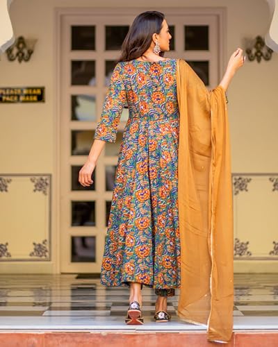 Anni Designer Women'S Rayon Blend Bagru Printed Anarkali Kurta With Pant & Dupatta (Locket-Multi_L_Mustard_Large),Mustard,L,Rayon Blend,Anarkali,