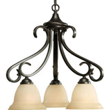 Progress Lighting P4405-77 3-Light Chandelier with Tea Stained Bell-Shaped Glass Bowls and Squared Scrolls and Arms, Forged Bron