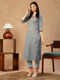 Anni Designer Women'S Cotton Blend Straight Printed Kurta With Pant (Balajyoti Blue-Nw_S_Blue_Small),Blue,S,Cotton Blend,Balajyoti Blue-NW_1399,