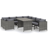 vidaXL 9 Piece Patio Lounge Set with Cushions Farmhouse Style Poly Rattan Garden Furniture Set with Dining Table in Gray Mod