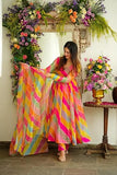 Women'S Stripe Print Anarkali Kurta With Pant And Dupatta (Medium) Pink,Pink,M,Cotton,Anarkali,Dupatta
