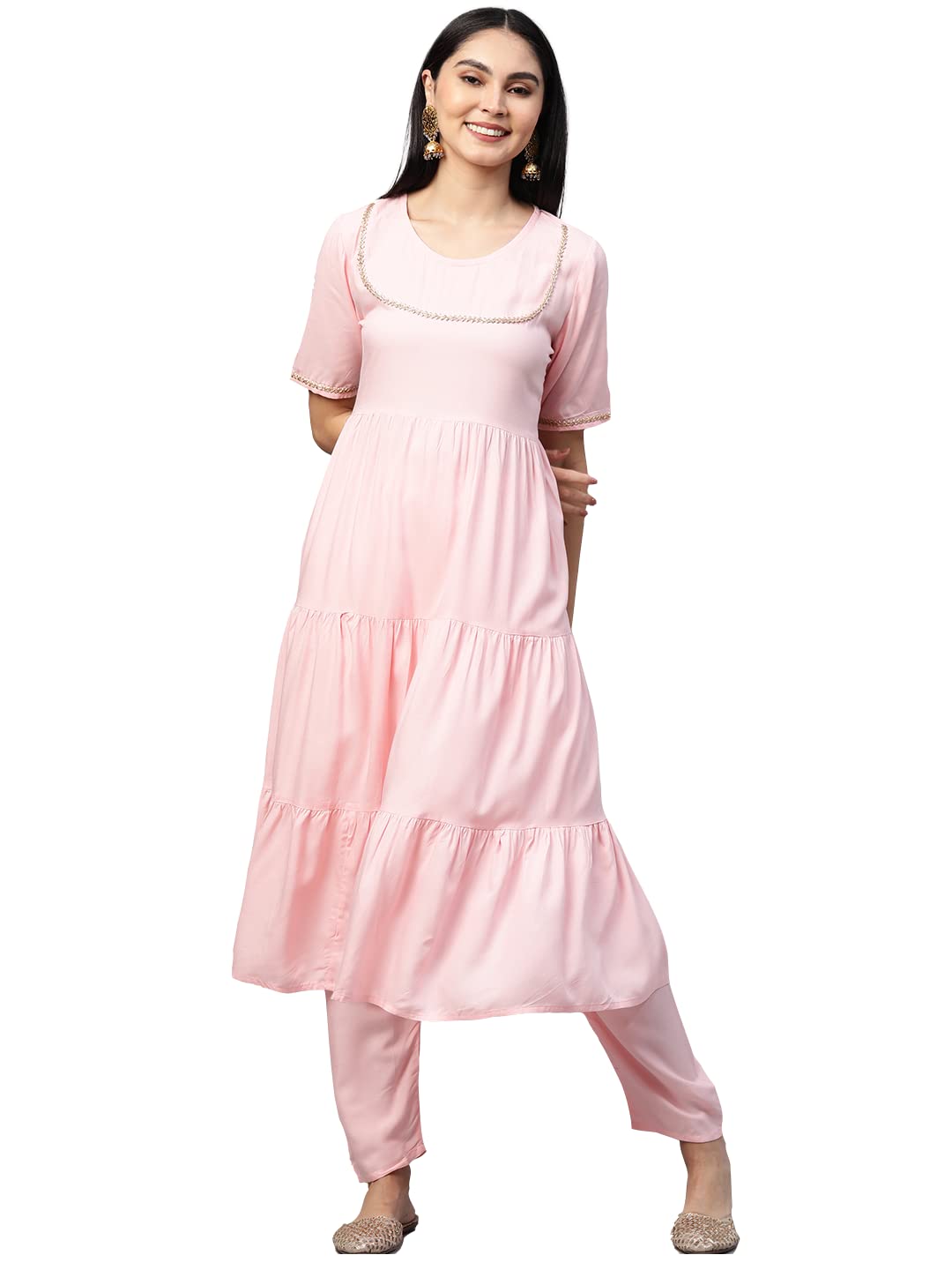 Anni Designer Women'S Cotton Anarkali Kurta With Pant (Krusha Pink_S_Pink_Small),Pink,S