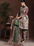 Libas Womens Printed Silk Blend Straight Kurta With Sharara And Dupatta Beige L