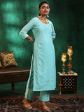 Libas Womens Embroidered Silk Blend Straight Kurta With Palazzos And Dupatta Blue M