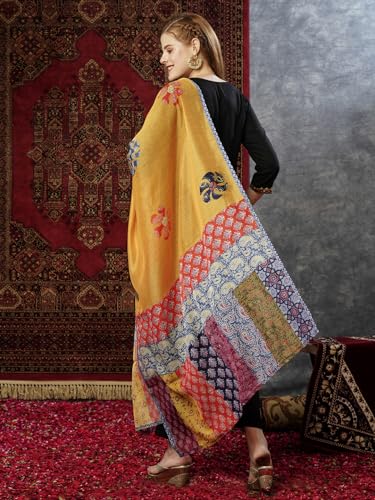 Anni Designer Women'S Cotton Blend Embroidered Straight Kurta With Pant & Dupatta (Fronx Black-Jl_S_Black_Small),Black,S,Cotton Blend,Regular,