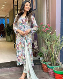 Anni Designer Women'S Cotton Blend Straight Printed Kurta With Pant & Dupatta (Habibi Grey_M_Grey_Medium),Grey,M,Cotton Blend,Habibi Grey_1442,Kurta, Scarf