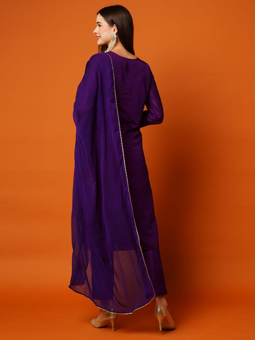 Anni Designer Women'S Cotton Blend Straight Embellished Kurta With Pant & Dupatta (Jodha Violet_Xxl_Violet_Xx-Large),Violet,2XL,Cotton Blend,Regular,Kurta, Scarf