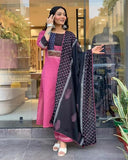 Anni Designer Women'S Cotton Blend Straight Printed Kurta With Pant & Dupatta (Radhani Pink_Xl_Pink_X-Large),Pink,XL,Cotton Blend,Regular,