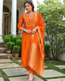 Gosriki Women'S Silk Blend Straight Embroidered Kurta With Pant & Dupatta (Manushi Orange-Vks03-Gs_Xl_Orange_X-Large),Orange,,B0F8QCGP1D