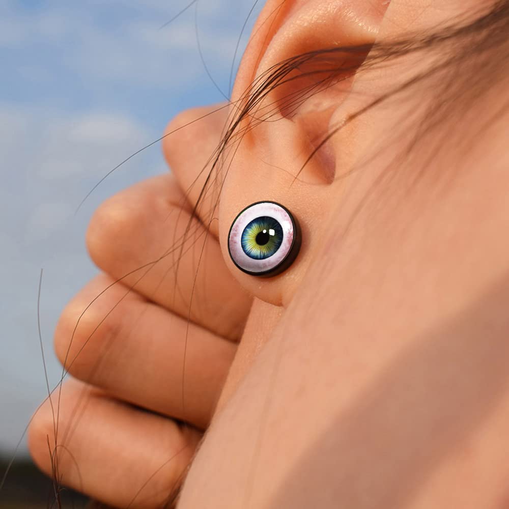 FLYUN 6Pairs Black Surgical Steel Eyeball Mens Earring Fake Gauge Earrings Men's Faux Plugs Earring for Men Studs with Screw Fla