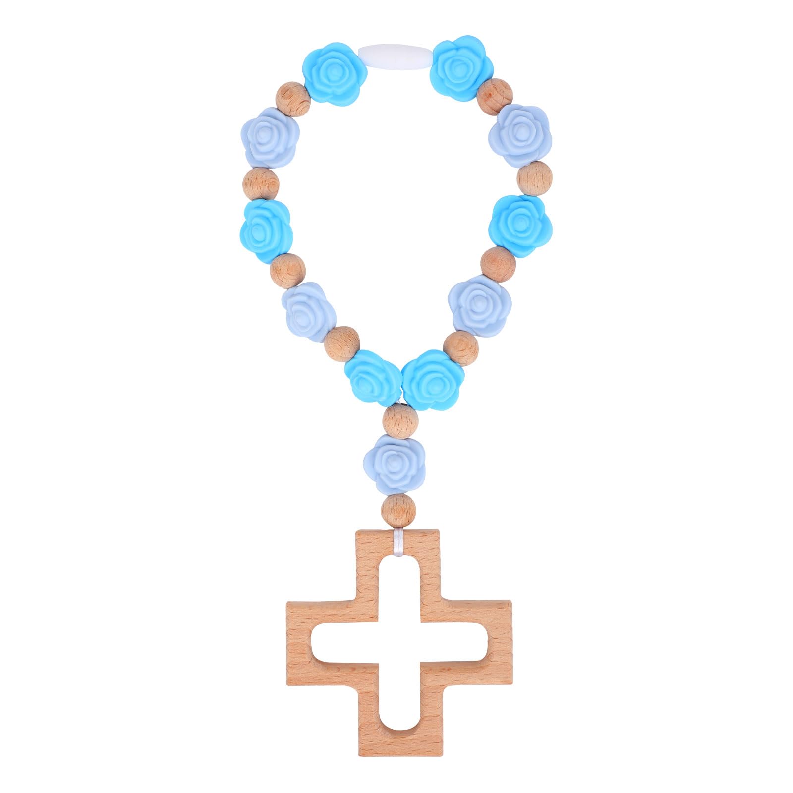 Cross Baptism Silicone Rosary, Blue Flower Beads Baby Rosary Teether with Wooden Cross for Baby Shower Christian Communion Party