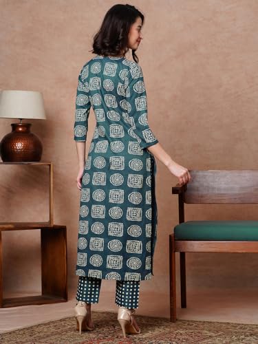Anni Designer Women'S Cotton Blend Straight Printed Kurta With Pant (Posina Blue_M_Blue_Medium),Blue,M,Cotton Blend,Regular,